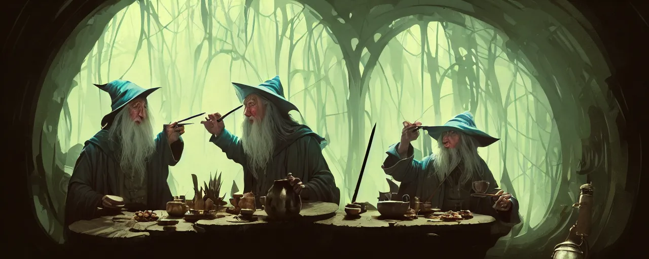 Image similar to duotone illustration 3 / 4 of 2 people : jrr tolkien and wizard gandalf in hobbit house smoking pipe rustical style. cinematic volumentric lighting. accidental renaissance. by sachin teng and sergey kolesov and ruan jia and heng z. graffiti art, scifi, fantasy, hyper detailed. octane render. concept art. trending on artstation
