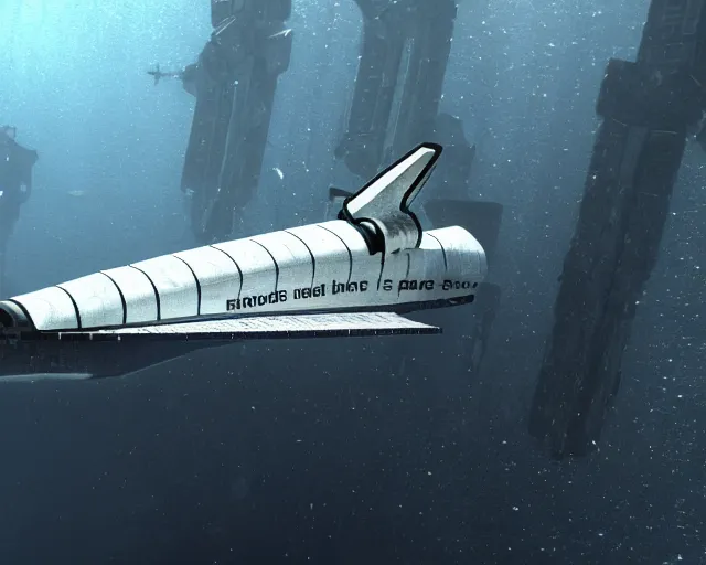 Image similar to old damaged space shuttle submerged under water, cinematic, photoreal, by red dead redemption 2