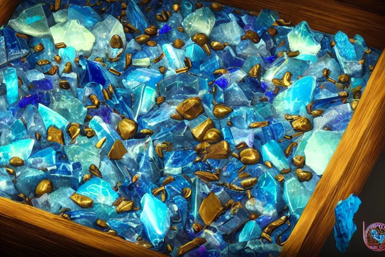 Image similar to Crystals of Adumidium in a small alchemy box, scaly, chipped flat little pieces, fantasy dark blue-glowing highly magical, unstable and extremely rare substance | fantasy art