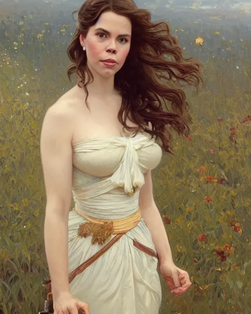 Prompt: a portrait painting of haley atwell / nicole de boer / sabrina lloyd hybrid oil painting, gentle expression, smiling, elegant clothing, scenic background, extremely detailed and lifelike, artgerm, greg rutkowski, alphonse mucha, vladimir volegov, adolphe bouguereaum, greg hildebrandt