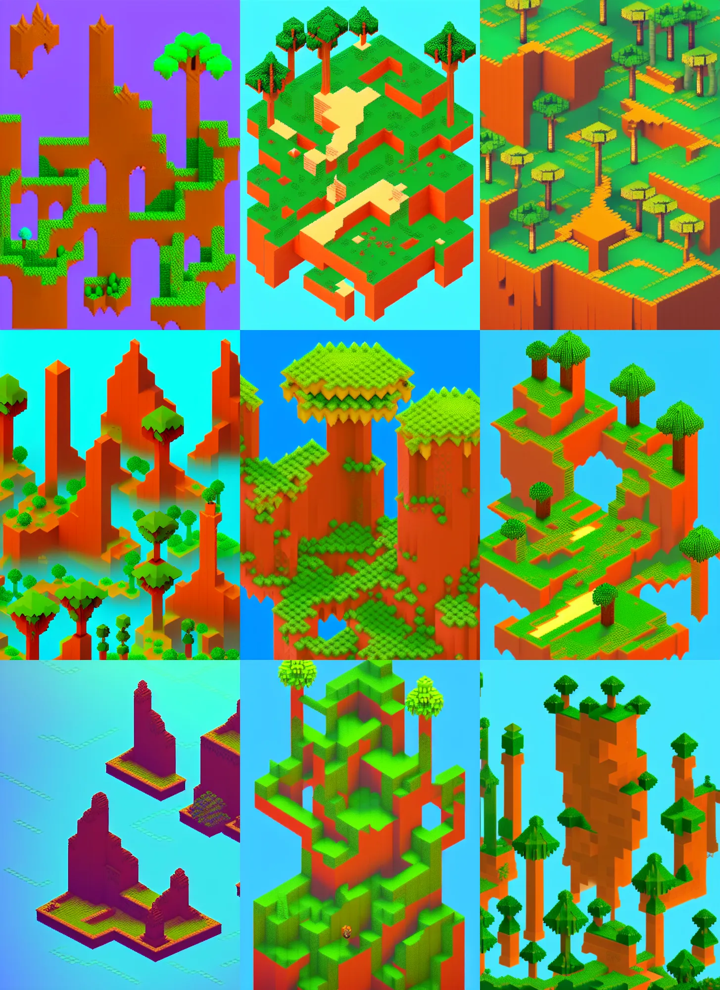 Prompt: a low res pixel landscape platformer render of jungle socotra island with cute trees in the style of monument valley intric