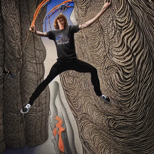 Prompt: Adam Ondra, portrait, style alex gray, style dan hillier, dmt background, hyperrealistic, snake climbing ropes