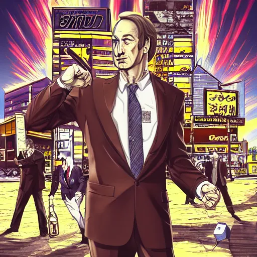 Image similar to Better Call Saul, manga cover illustration by Tomoyuki Yamasaki, Kyoto Studio, Madhouse, Ufotable, detailed HD, trending on artstation