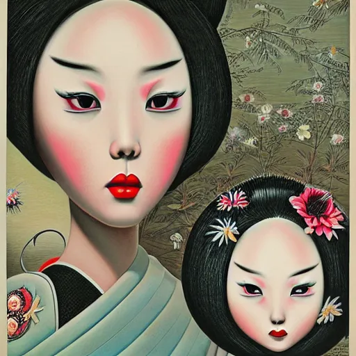 Prompt: Futuristic geisha girl, worm's-eye view, lowbrow painting by Mark Ryden