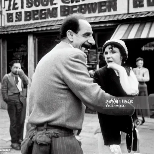 Prompt: soup Nazi telling Elaine no soup for you outside of beer hall in Munich 1930, black and white, 8k, n-9