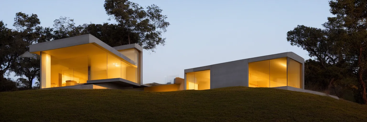 Prompt: a far away photoreal exterior shot of a minimalistic concrete pavillion house on a hill overlooking the hills at golden hour designed by marcio kogan, photographed by saul leiter, 8 k resolution