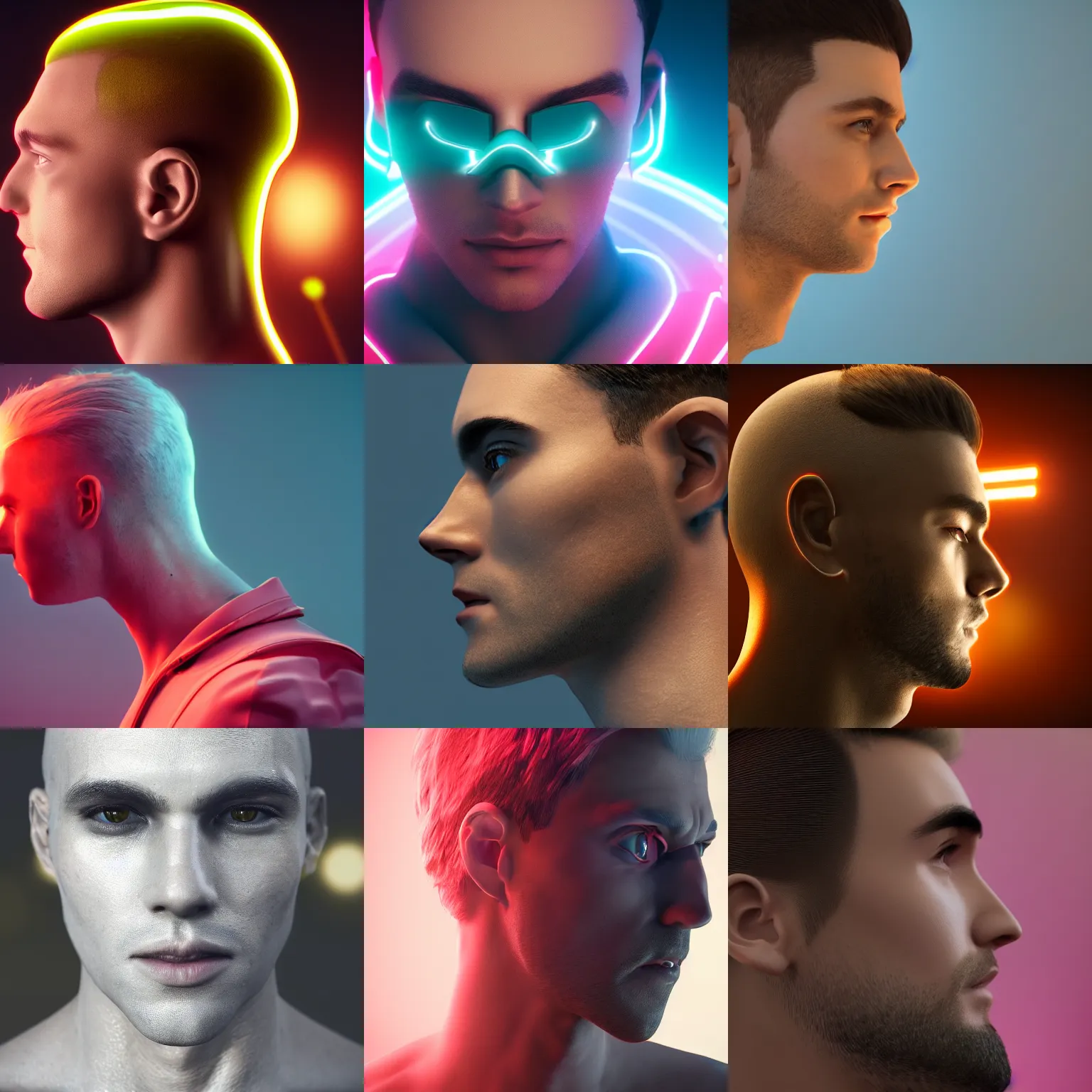 Prompt: profile of a beautiful male with bionic eye!, neon glow, ultra realistic HD 8K raytracing, octane rendered