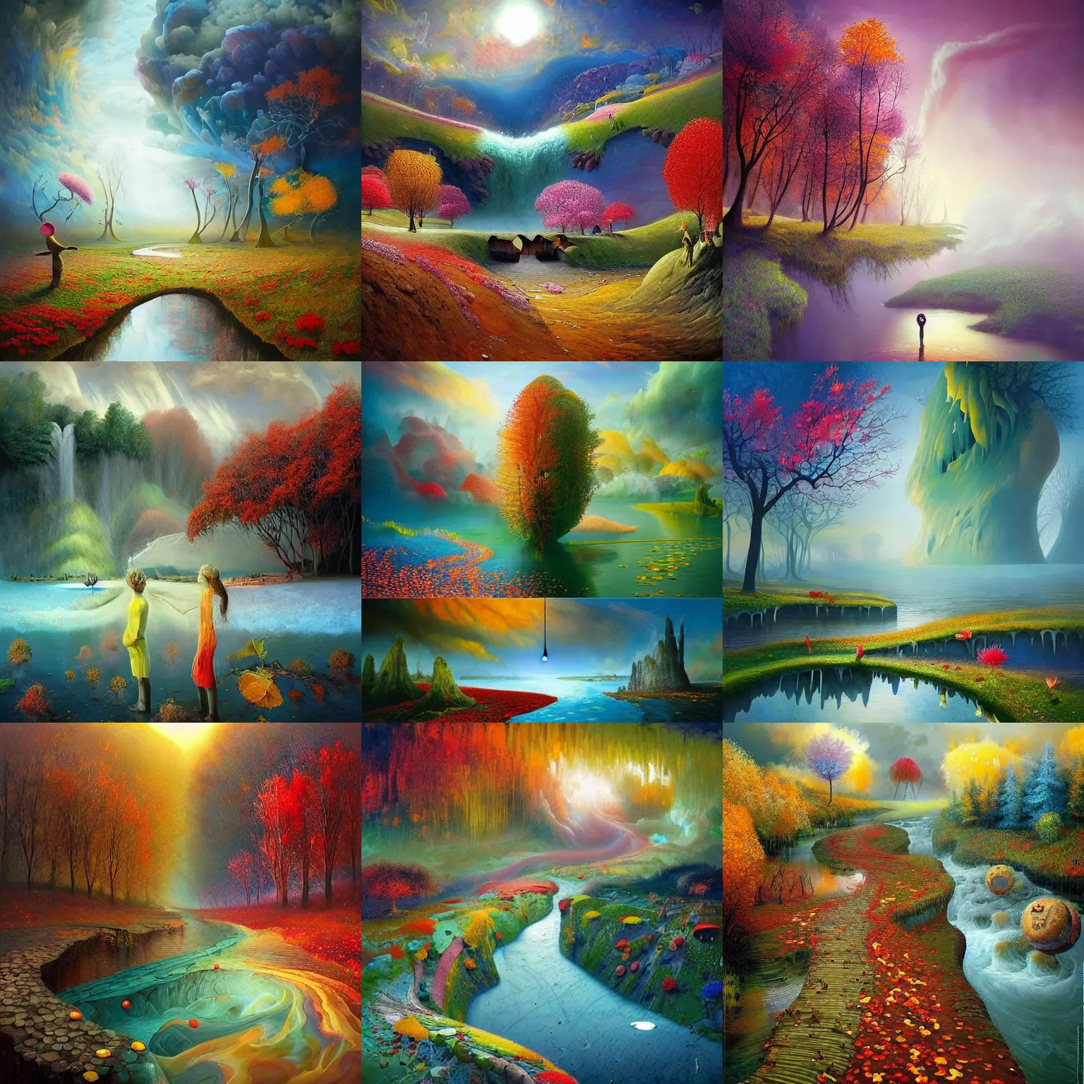 Prompt: a masterpiece matte painting of the four!! seasons on an alien! landscape, seasons!! : 🌸 ☀ 🍂 ❄, a river divides!!, painted by gediminas pranckevicius, inspired by mimmo rotella, inspired by alberto seveso, quantum wavetracer, crepuscular rays