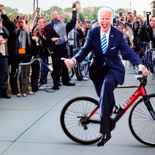 Image similar to ultra realistic photo of joe biden falling off of his bike, film, perfect face, in the style of a candid photo