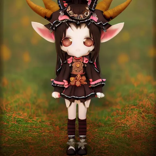 Prompt: cute fumo plush of a goat girl with horns, anime girl, tribal outfit with intricate celtic knot patterns, gothic maiden, artstation, vray