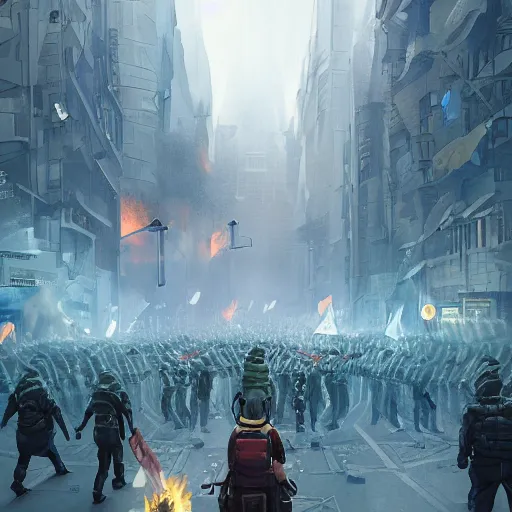 Image similar to protesters marching, detailed digital illustration by greg rutkowski, fire, android netrunner, forced perspective