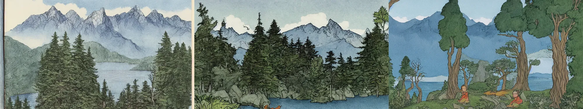 Prompt: mountains, trees, and lake, by maurice sendak