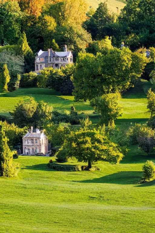 Image similar to movie screenshot wide-shot landscape with big stone edwardian house in the garden, apple trees, beautiful ambiance, golden hour, sharp focus, highly detailed,