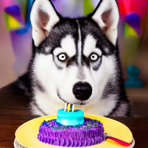 Prompt: a high - quality photo of a husky with a birthday cake, f 3. 5, sharpened, iso 2 0 0, food photography