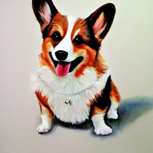 Image similar to corgi realistic painting, happy, cute, smiling