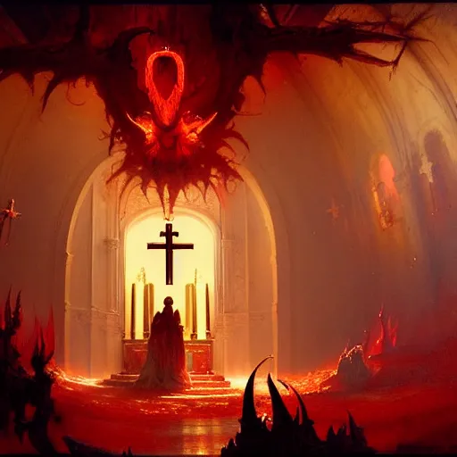 Image similar to a chapel's ceiling is broken in half as a red magical portal from hell opens up there and demons with lucifer start pouring in. highly detailed painting by gaston bussiere, greg rutkowski, craig mullins 8 k