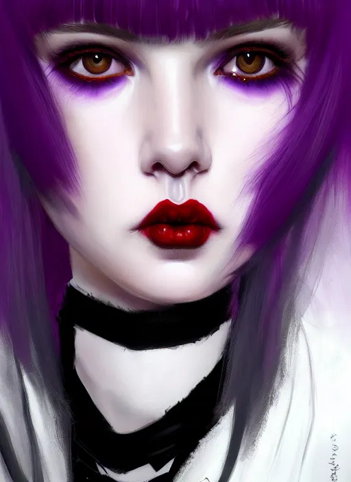 Image similar to portrait of white teenage girl, normal face, black bangs, mall goth, cyberlox, black and white hair, bangs, fluffy bangs, red contacts, purple lipstick, intricate, elegant, highly detailed, digital painting, artstation, concept art, sharp focus, smooth, illustration, art by wlop, mars ravelo and greg rutkowski