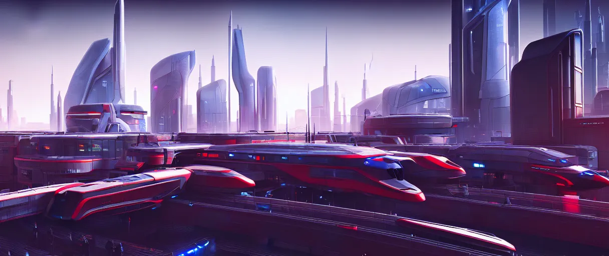 Prompt: futuristic city center with futuristic ultra high speed train station in background, modern landscape architectural design industrialpunk concrete and glass, maroon, white and blue metallic accents, gorgeous lighting, golden hour, 2077, dramatic lighting and composition, photography, star citizen