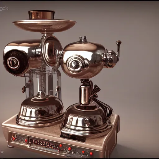 Image similar to a retrofuturistic mechanical coffee grinder, ultra detailed, octane render, 8 k, hyper realistic, studio lighting, realistic materials