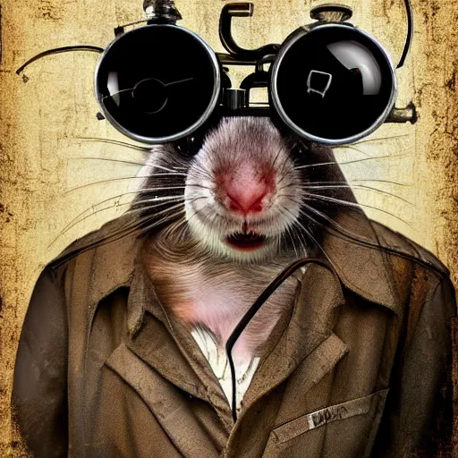 Image similar to a rat with steampunk googles, by Peter Holme III