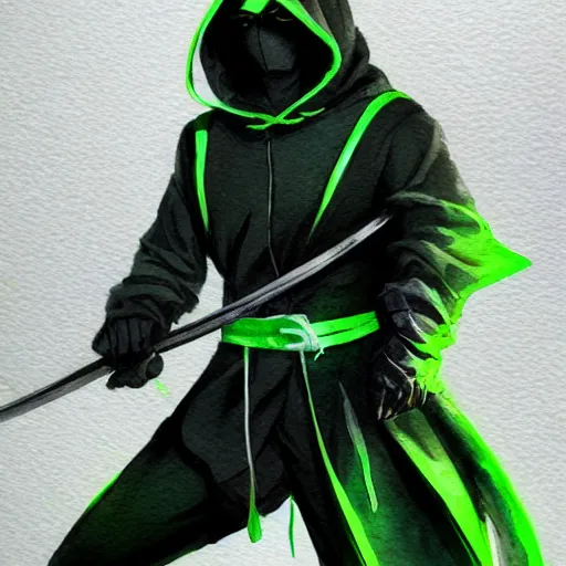 Prompt: realistic and professional watercolor artwork of a dark fantasy hooded ninja warrior with neon green lines, futuristic style outfit, super detailed, trending on artstation, concept art, portrait, dramatic light, painted by greg rutkowski