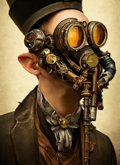 Image similar to closeup portrait of a steampunk medieval goblin wearing a top hat and goggles, depth of field, zeiss lens, detailed, symmetrical, centered, fashion photoshoot, by Annie Leibovitz and Steve McCurry, David Lazar, Jimmy Nelsson, Breathtaking, 8k resolution, extremely detailed, beautiful, establishing shot, artistic, hyperrealistic, beautiful face, octane render