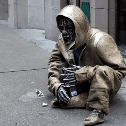 Image similar to homeless robot begging for money, pulitzer winner.