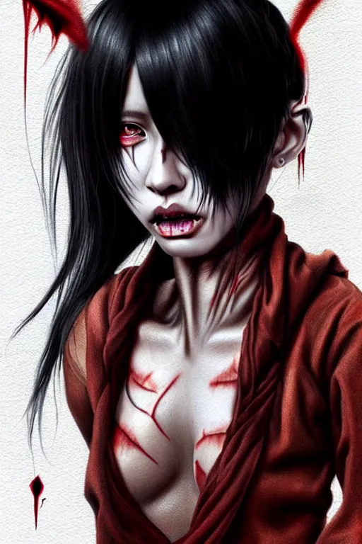 Image similar to gorgeous!! hyper - realistic demon girl with tan skin, short black hair, long bangs, red eyes, tattoos, cybernetic implants | wearing modern streetwear, techwear | intricate, digital painting, illustration, photorealistic, grunge, ultra graphics | drawn by wlop, drawn by jeehyung lee, drawn by argerm