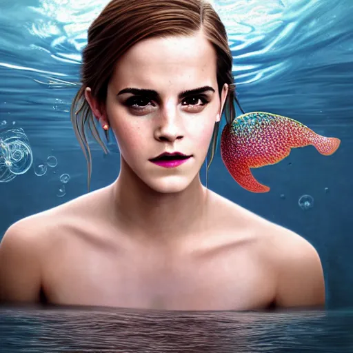 Image similar to emma watson portrait, fantasy, mermaid, hyperrealistic, game character, underwater, highly detailed, sharp focus, cinematic lighting, pearls, glowing hair, shells, gills, crown, water, highlights, starfish, jewelry, realistic, digital art, pastel, magic, fiction, ocean, king, colorful hair, sparkly eyes, fish, heroic, goddess, waves, bubbles, queen