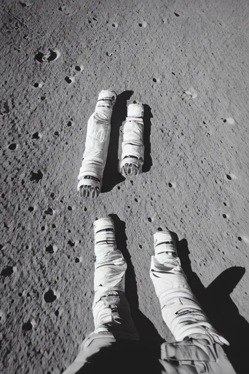 Image similar to afull body photography of an astronaut on the surface of the moon, bottom - view, focus on his foot, photography, photo - shot, shooting, cinematic lighting, 8 k