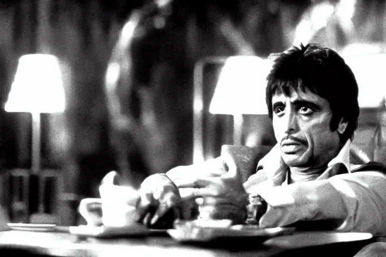 Prompt: tony montana from movie scarface 1 9 8 3 sitting behind a big black oak table with big large packages of flour. al pacino. perfect symmetric face, coherent eyes, medium shot, fine details, 4 k, ron cobb. last scene from scarface movie, bokeh