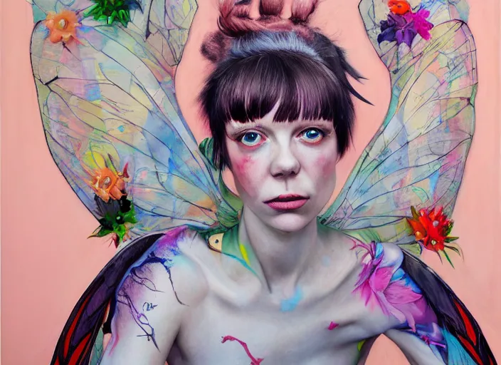 Prompt: a painting by martine johanna of a fairy with big wings wearing a hoodie standing in a township street in the style of jenny saville, street fashion outfit, haute couture fashion shoot, full figure painting by david choe and jeremy mann, decorative flowers, 2 4 mm, die antwoord yolandi visser