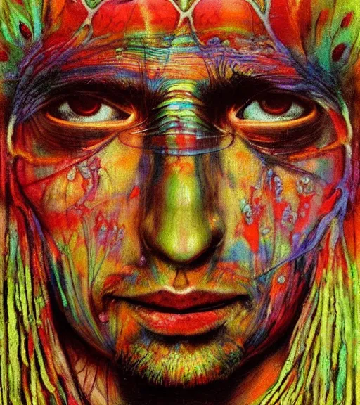 Image similar to Portrait painting in a style of Beksinski mixed with Alex Grey of an old shaman dressed in a colorful traditional clothes. Symmetry