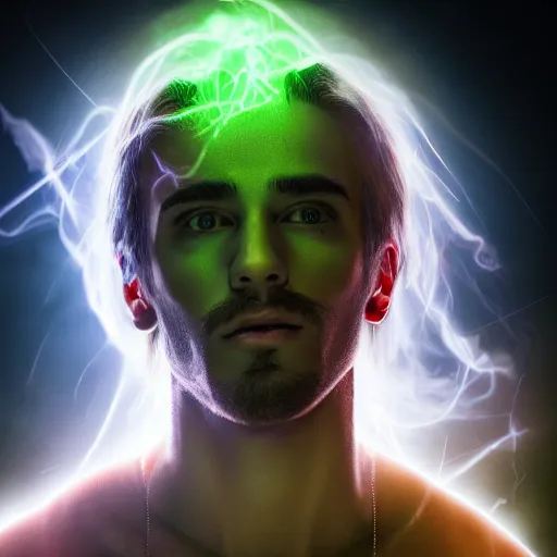 Image similar to a male wizard, glowing, frontal view, cool looking, high resolution