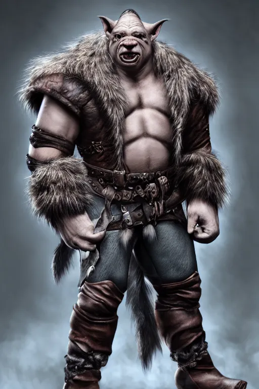 Image similar to A full body shot of a handsome orc-(((((pig))))) looking into the camera wearing a leather fur jacket and boots, full body shot, detailed face, portrait, artstation, realistic, highly detailed, symmetrical, D&D, Dungeons & Dragons, hyper realistic, dynamic pose, high detail, octane render, unreal engine, 8k, fantasy art, highly detailed, dramatic lighting, concept art