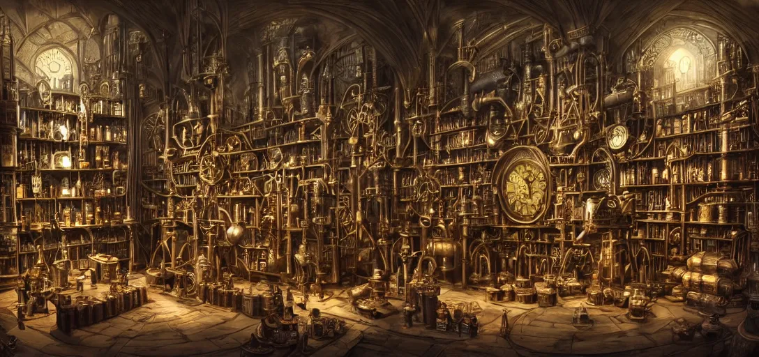 Image similar to An intricate scene of an interior of a gothic castle with a lot of magic bottles and mechanisms of an alchemist, other bookshelves with bottles and alchemy stuff in the background::huge mechanical clocks in the center of composition with a lot of pipes and wires::dark fantasy, detailed concept art, artstation, high details::8K, 4K, sharp focus, octane render