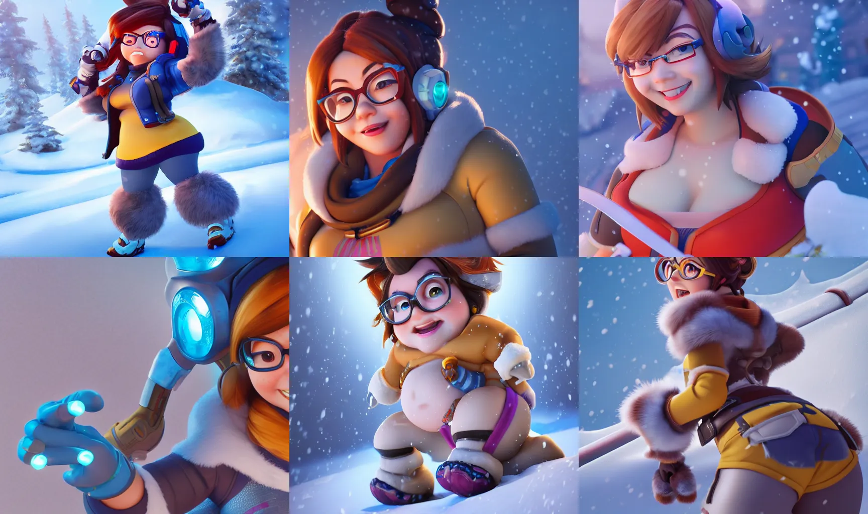 Prompt: hyperdetailed mei from overwatch as a disney pixar character, hd texture, beautiful 3D render, 8k, octane render, soft lighting, stylized, in the snow, golden hour