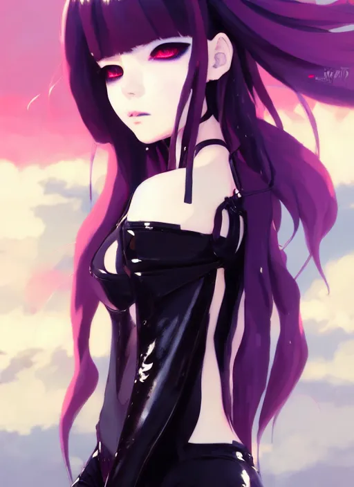 Image similar to portrait of cute goth girl in latex clothes, cloudy sky background lush landscape illustration concept art anime key visual trending pixiv fanbox by wlop and greg rutkowski and makoto shinkai and studio ghibli and kioto animation