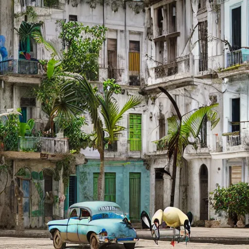 Prompt: spoonbills, toucans, and hornbills in old havana by cecilio aviles, wide angle realistic 3 d, hyperrealistic, super detailed, octane render, 8 k, depth of field, glossy surface, liquid texture, behance, cgsociety, cinematic lighting