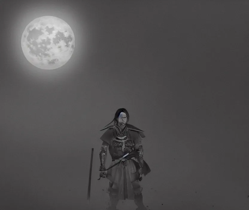 Image similar to '2d design graphic a samurai in the night ,big white moon background , gloomy and foggy atmosphere, octane render, horror scene, highly detailded , black and white ink '