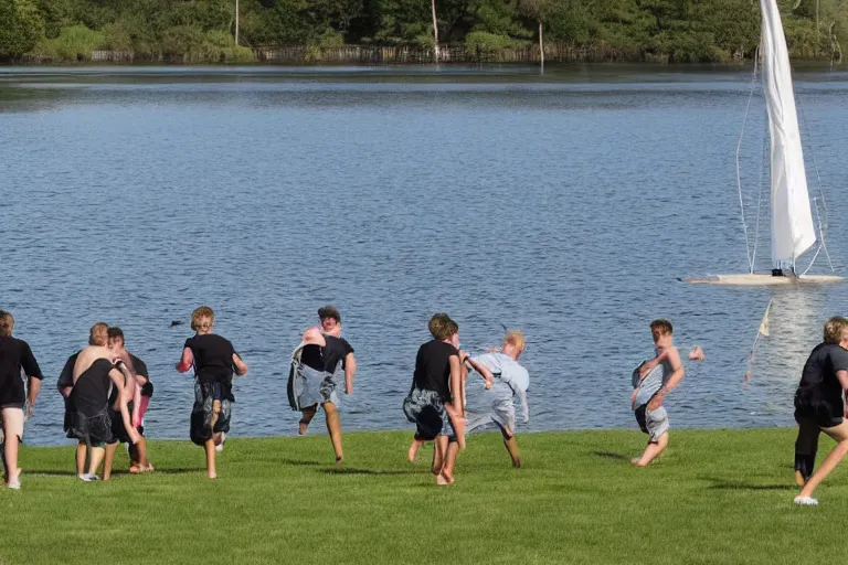 Prompt: Group of teenagers push rolls roys into lake