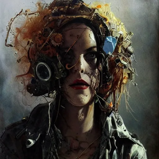 Image similar to riley keough as an apocalyptic wasteland wanderer, steelpunk, abandoned steelworks, grime and grunge, in the style of adrian ghenie, esao andrews, jenny saville,, surrealism, dark art by james jean, takato yamamoto, kodak ektar