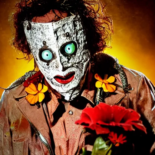 Prompt: portrait of Leather Face from Chainsaw Massacre movie with flowers, cinematic light, cinematic atmosphere