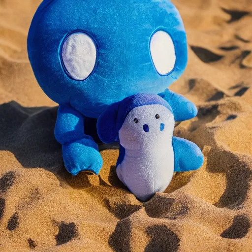 Image similar to blue'snappy gifts'plush doll, on beach sand, gifts, dark atmosphere, high detail, soft lighting, 8 k