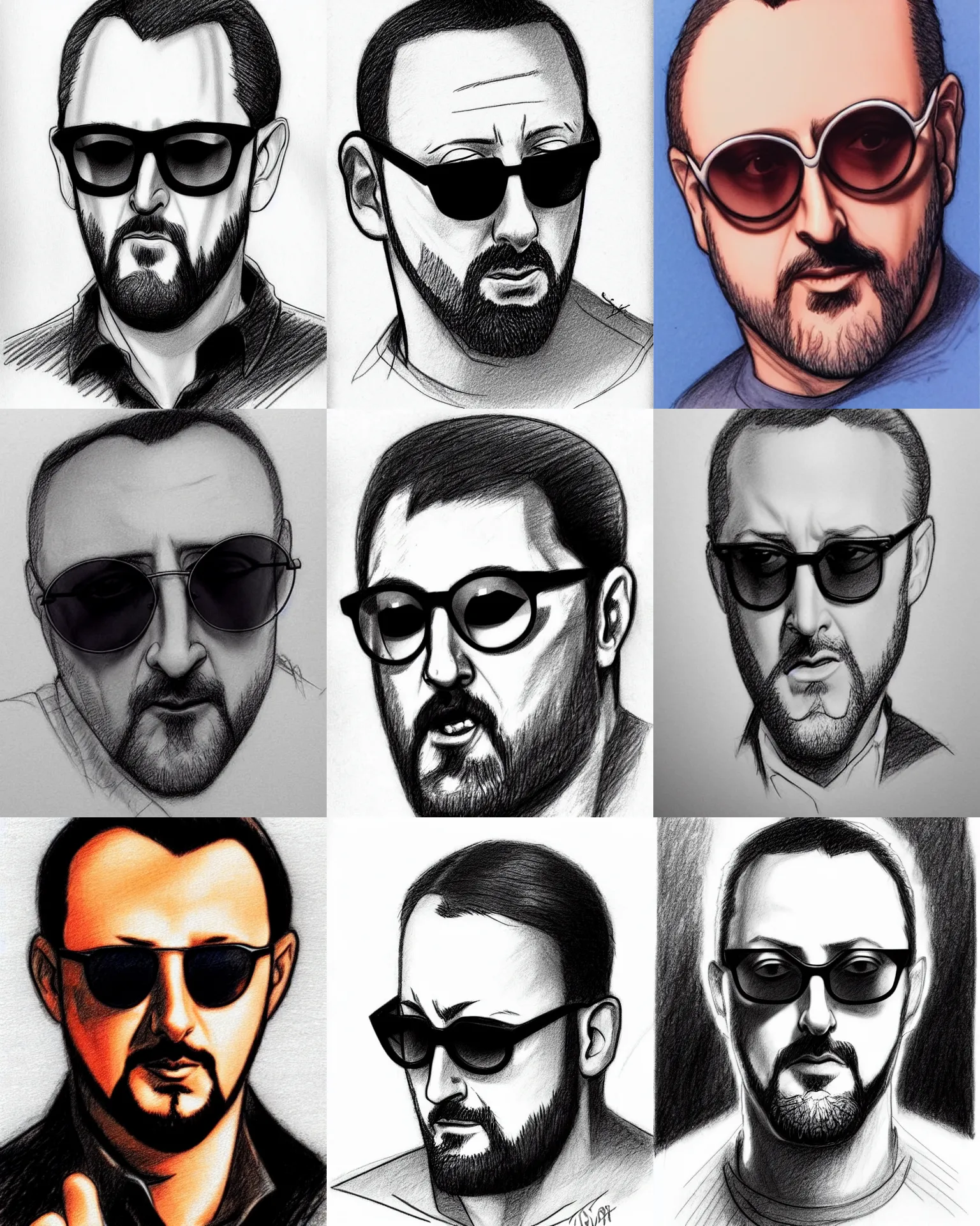 Prompt: small round!!!! sunglasses j scott campbell!!! pencil sketch by j scott campbell close up headshot of jean reno in round!! sunglasses in the style of jim lee