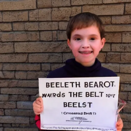 Prompt: award winning photo of the spelling bee champion holding a sign that says best speller