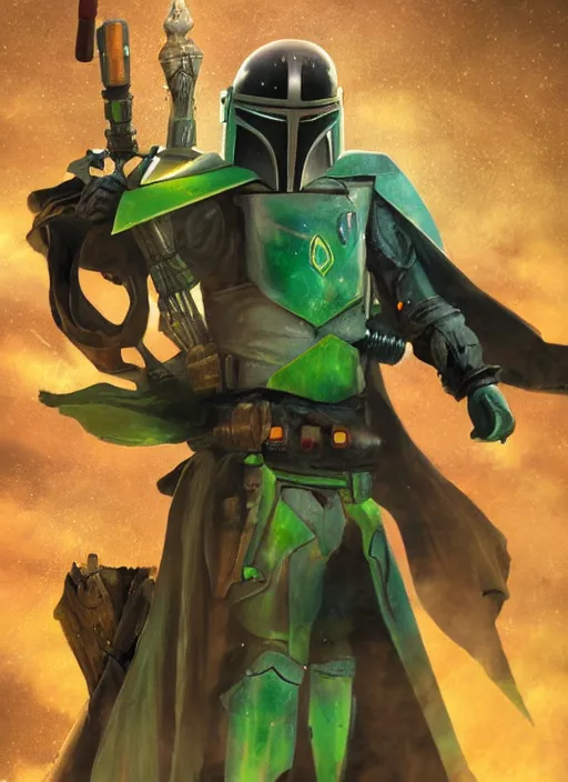 Image similar to arcane wizard x boba fett, 3 d digital art, character mashup, epic volumetric lighting, combination art, photorealistic