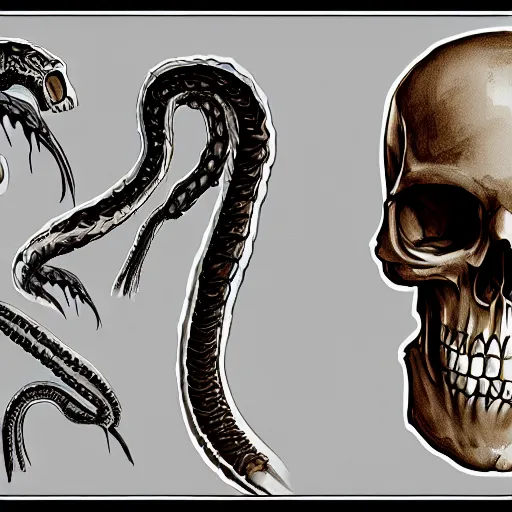Image similar to a a spine snake with a human skull, Character design, concept art