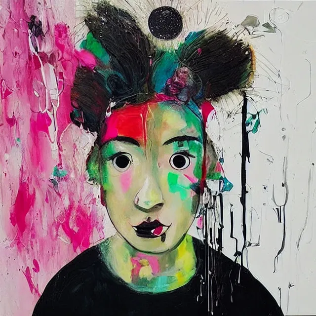 Image similar to “ a portrait in a female art student ’ s apartment, sensual, a pig theme, art supplies, paint tubes, ikebana, herbs, a candle dripping white wax, black walls, squashed berries, berry juice drips, acrylic and spray paint and oilstick on canvas, surrealism, neoexpressionism ”