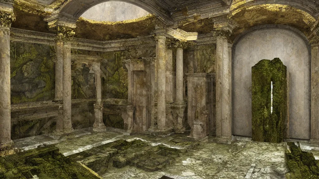 Prompt: roman bath, marblefloor with germanic gold pattern, golden snakes, mossy pillar, ruin, godrays, fog, tiny waterfall, cgsociety,